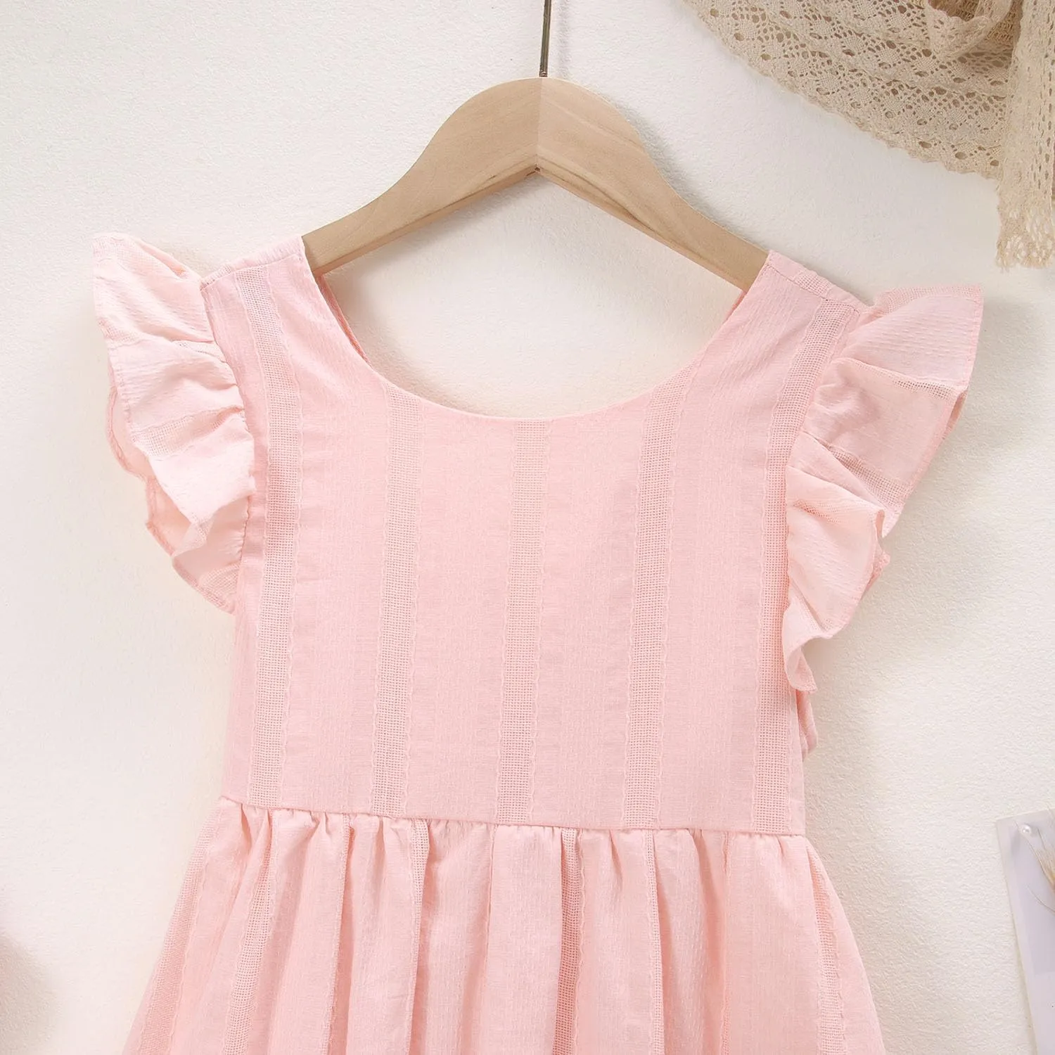 Ritatte Girls Summer Cotton Dress Ruffle Sleeveless Bowknot Tie Back Sundress Solid Casual Backless A-Line Swing Midi Dresses