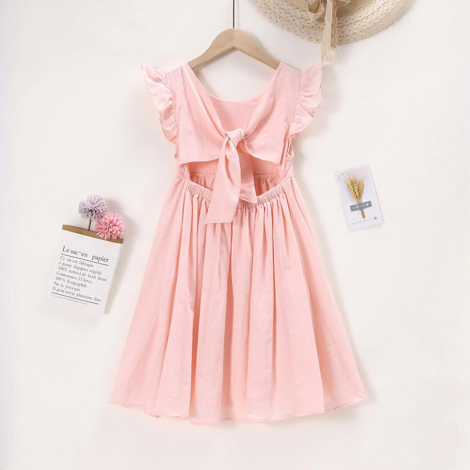 Ritatte Girls Summer Cotton Dress Ruffle Sleeveless Bowknot Tie Back Sundress Solid Casual Backless A-Line Swing Midi Dresses