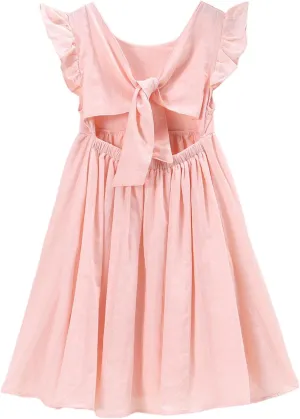 Ritatte Girls Summer Cotton Dress Ruffle Sleeveless Bowknot Tie Back Sundress Solid Casual Backless A-Line Swing Midi Dresses