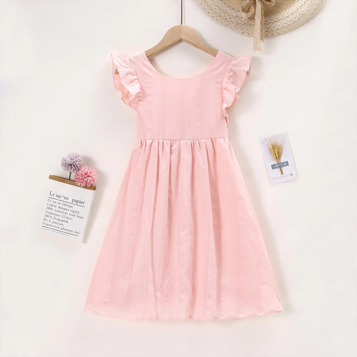 Ritatte Girls Summer Cotton Dress Ruffle Sleeveless Bowknot Tie Back Sundress Solid Casual Backless A-Line Swing Midi Dresses