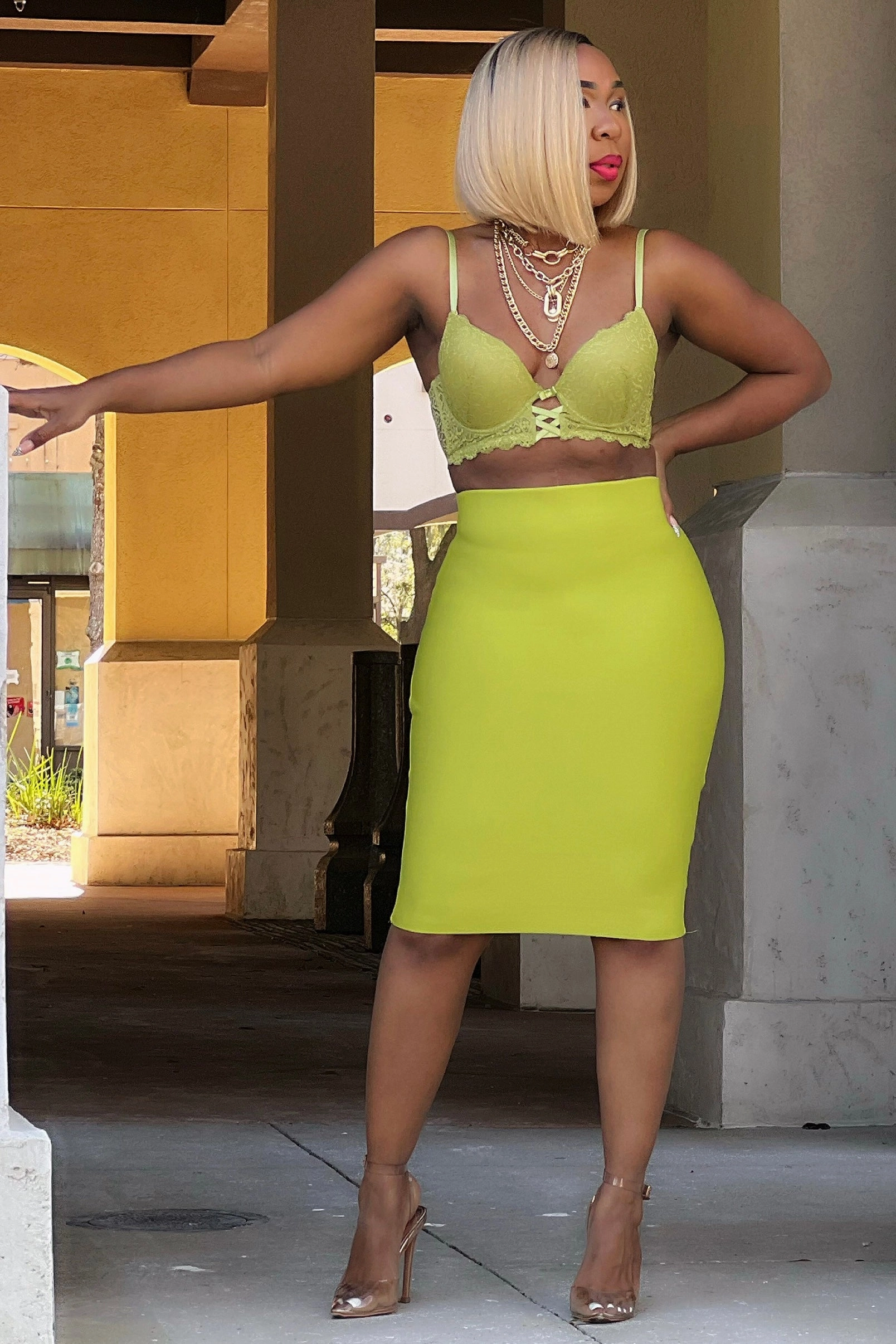 Sport Comfort Robin Bandage Knit Pencil Skirt-Chartreuse