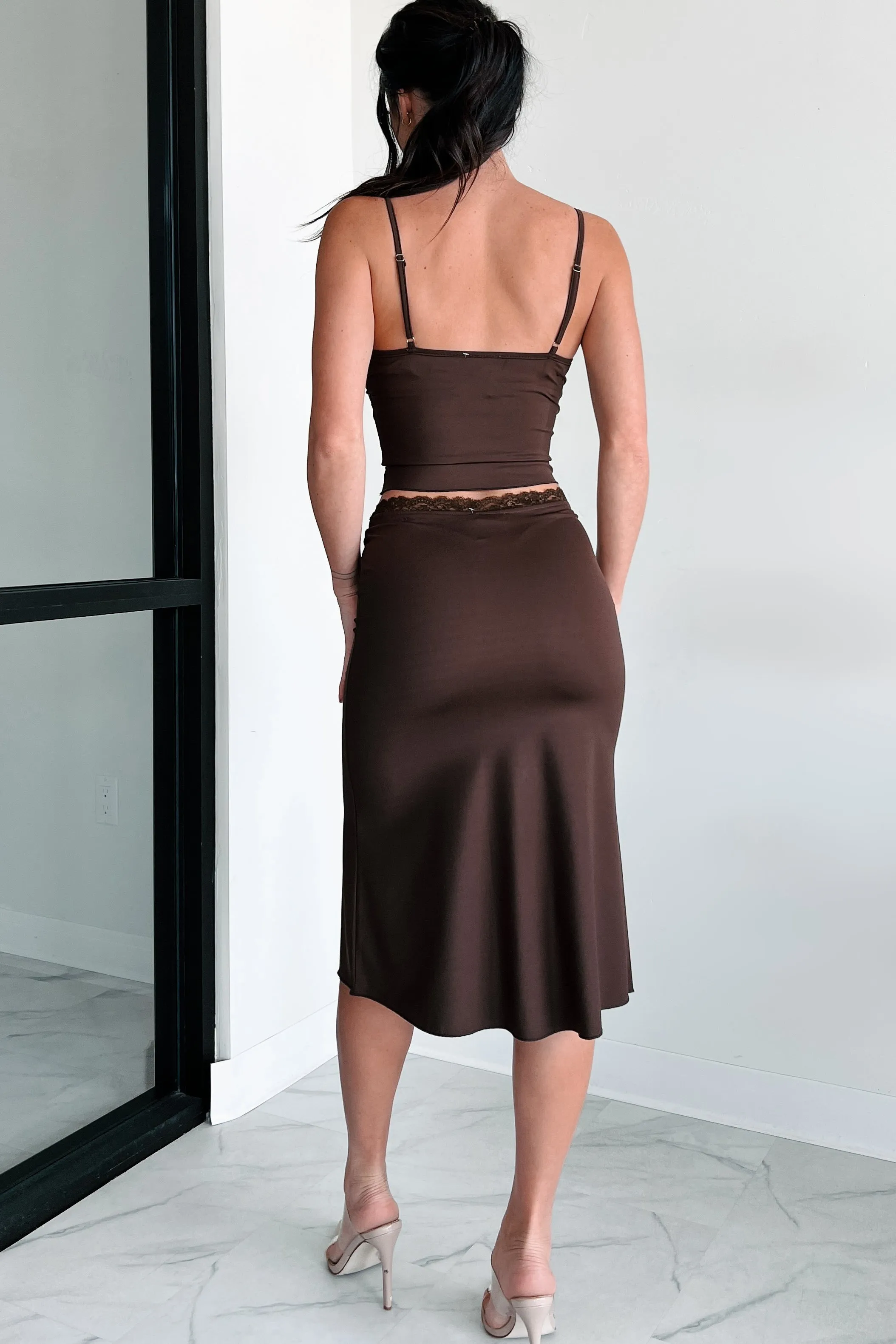 Romantic Designs Lace Trim Crop Top & Skirt Set (Espresso)