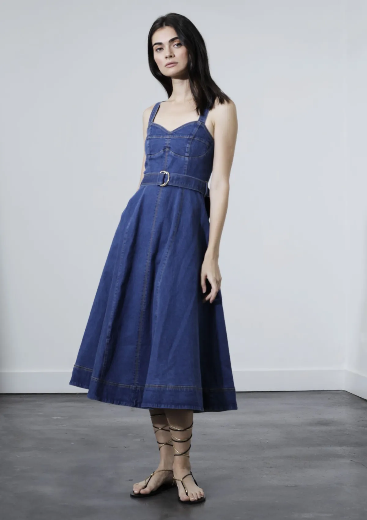 Rosanne Midi Denim Dress Draped Fabric Silky Drape