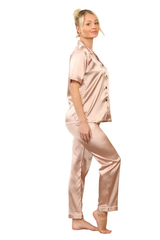 Rose Gold Short sleeve satin Pj set, elaina fashion Women's Rose Gold Silk Satin Pyjama Sleepwear Set Button Down Short Sleeves