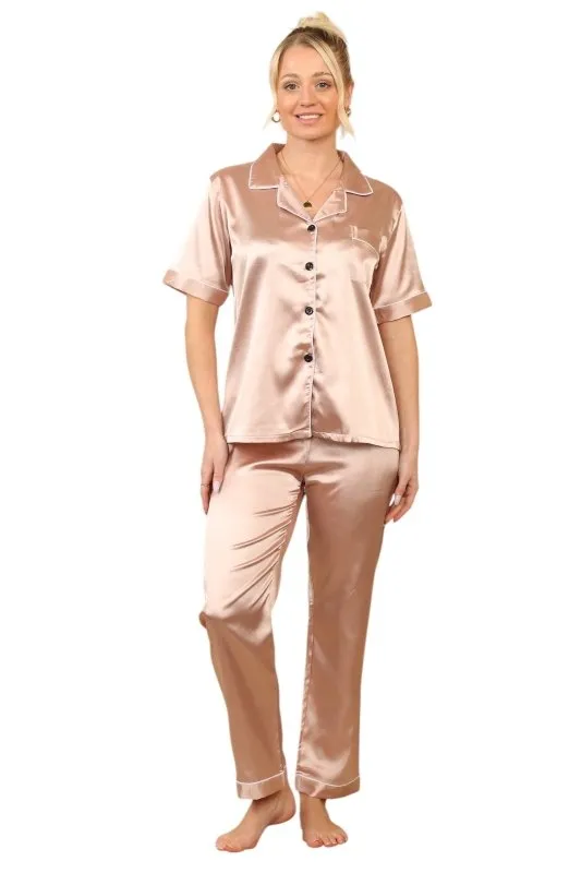 Rose Gold Short sleeve satin Pj set, elaina fashion Women's Rose Gold Silk Satin Pyjama Sleepwear Set Button Down Short Sleeves