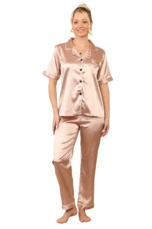 Rose Gold Short sleeve satin Pj set, elaina fashion Women's Rose Gold Silk Satin Pyjama Sleepwear Set Button Down Short Sleeves