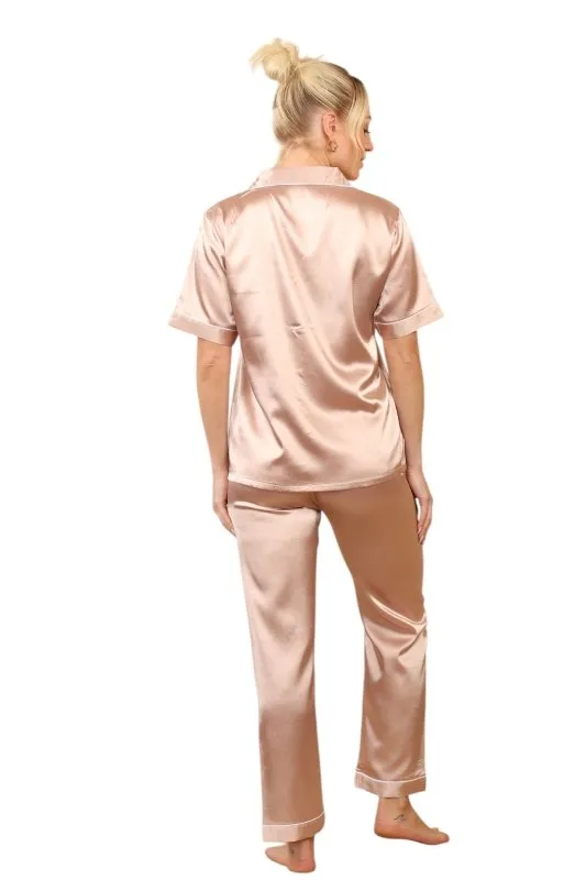 Rose Gold Short sleeve satin Pj set, elaina fashion Women's Rose Gold Silk Satin Pyjama Sleepwear Set Button Down Short Sleeves