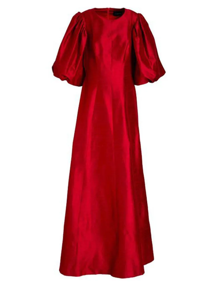Round Neck Puff Sleeve A Line Maxi Dress