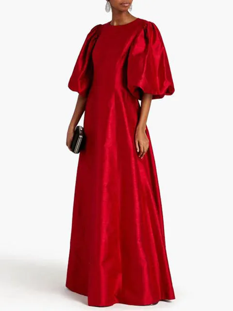 Round Neck Puff Sleeve A Line Maxi Dress