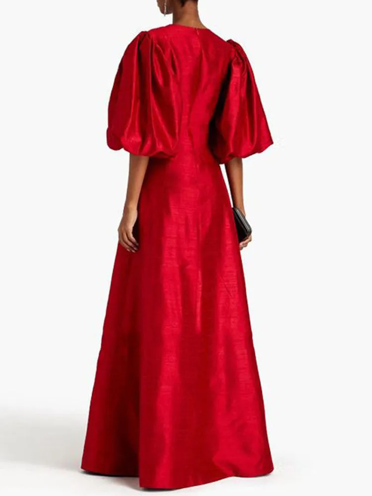 Round Neck Puff Sleeve A Line Maxi Dress