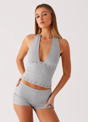 Roxy Halter Top - Grey RolledSleeves Ribbed collar LowMaintenance Roxy Halter Top - Grey
