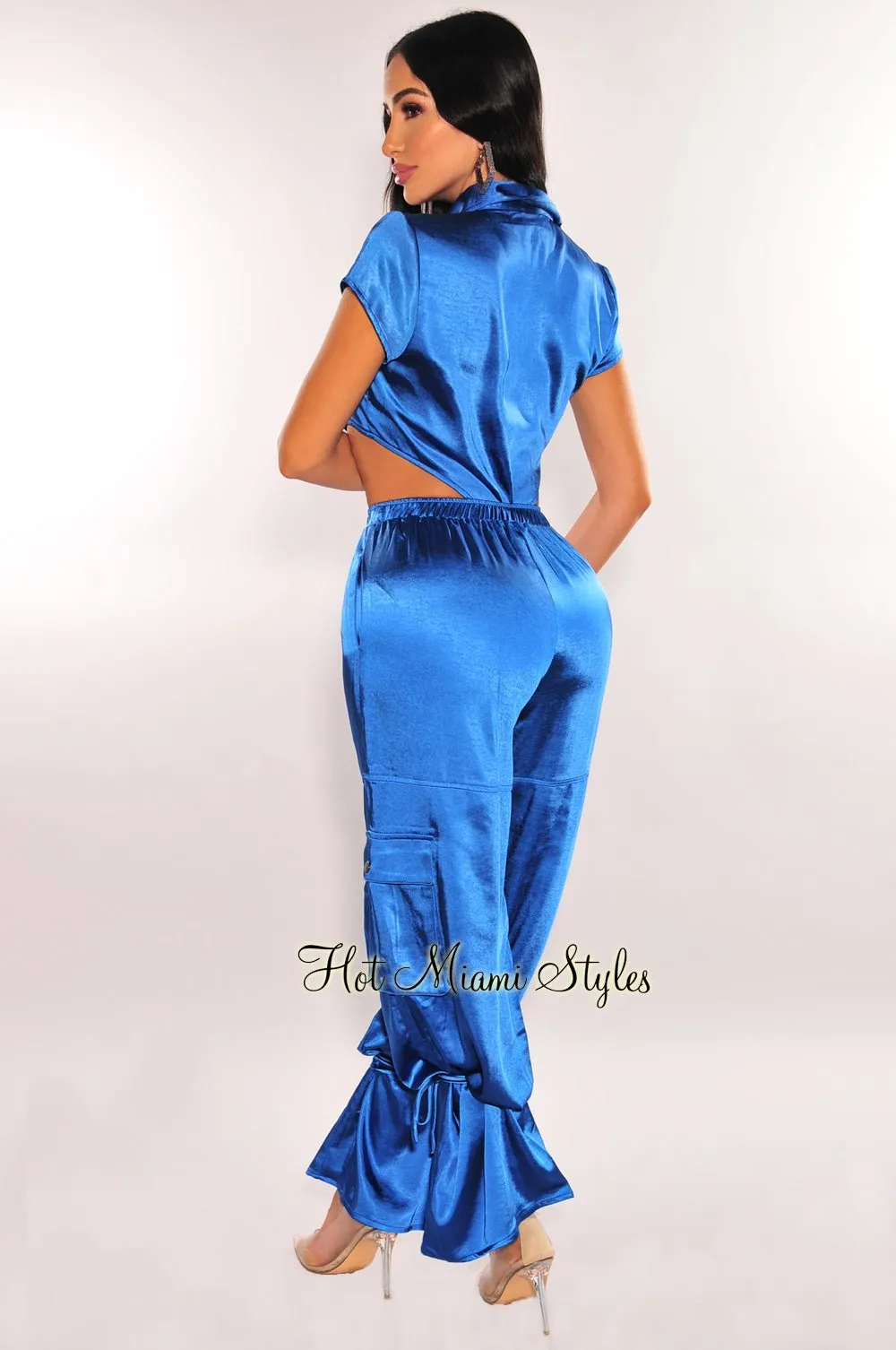 Royal Blue Silky Collared Cut Out Bodysuit Cargo Drawstring Pants Two Piece Set