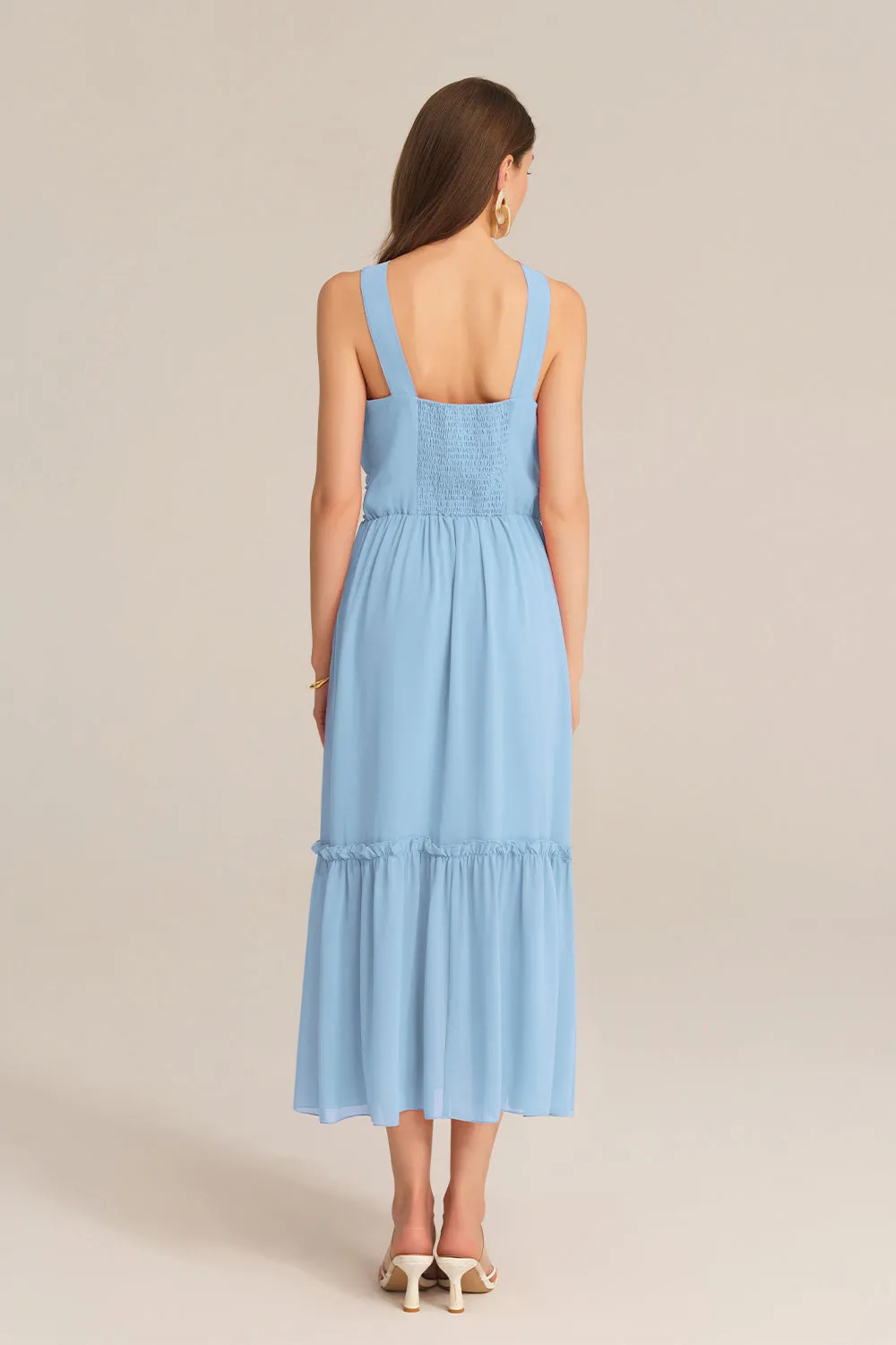 Ruched Halterneck Flared A-Line Dress - Blue