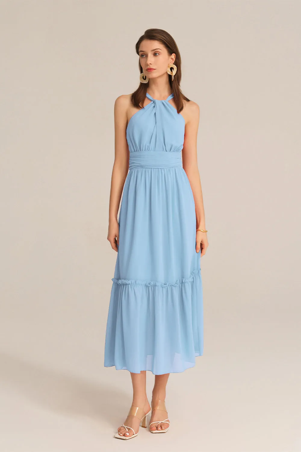 Ruched Halterneck Flared A-Line Dress - Blue