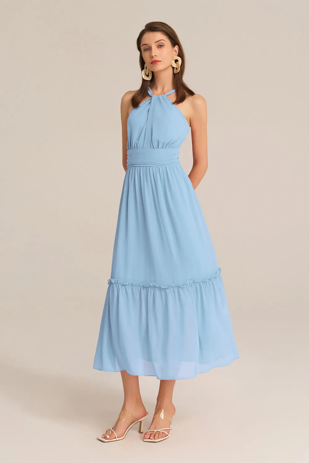 Ruched Halterneck Flared A-Line Dress - Blue