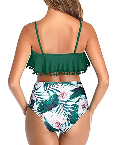 Ruched High Rise Bottom Coverage High Waisted Bikini-Green Tropical Floral