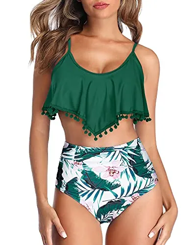Ruched High Rise Bottom Coverage High Waisted Bikini-Green Tropical Floral