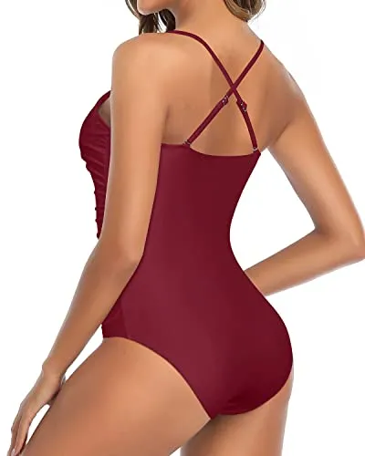 Ruched Tummy Control One Piece Swimsuit Women High Neck Bathing Suit-Maroon