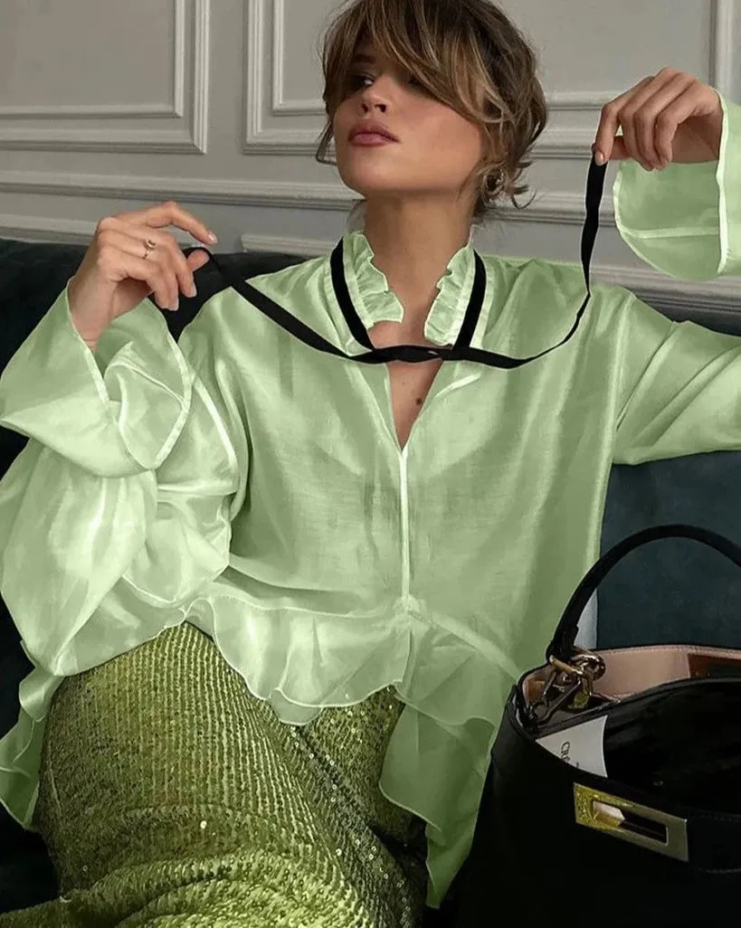 Ruffle Collar Long Sleeve Women Tops