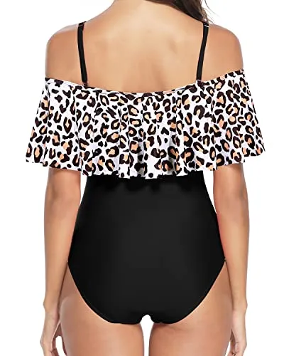 Ruffle Off Shoulder One Piece Swimsuits With Tummy Control For Women-Black And Leopard