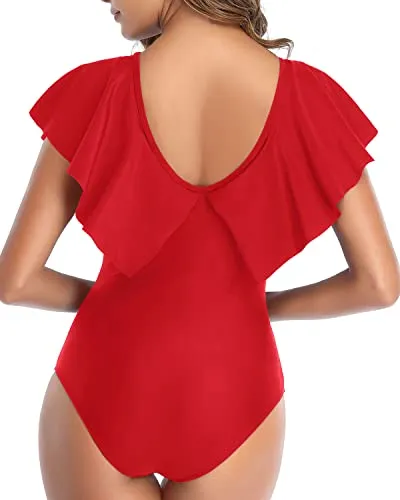 Ruffle Shoulders One Piece Swimsuit For Women-Red