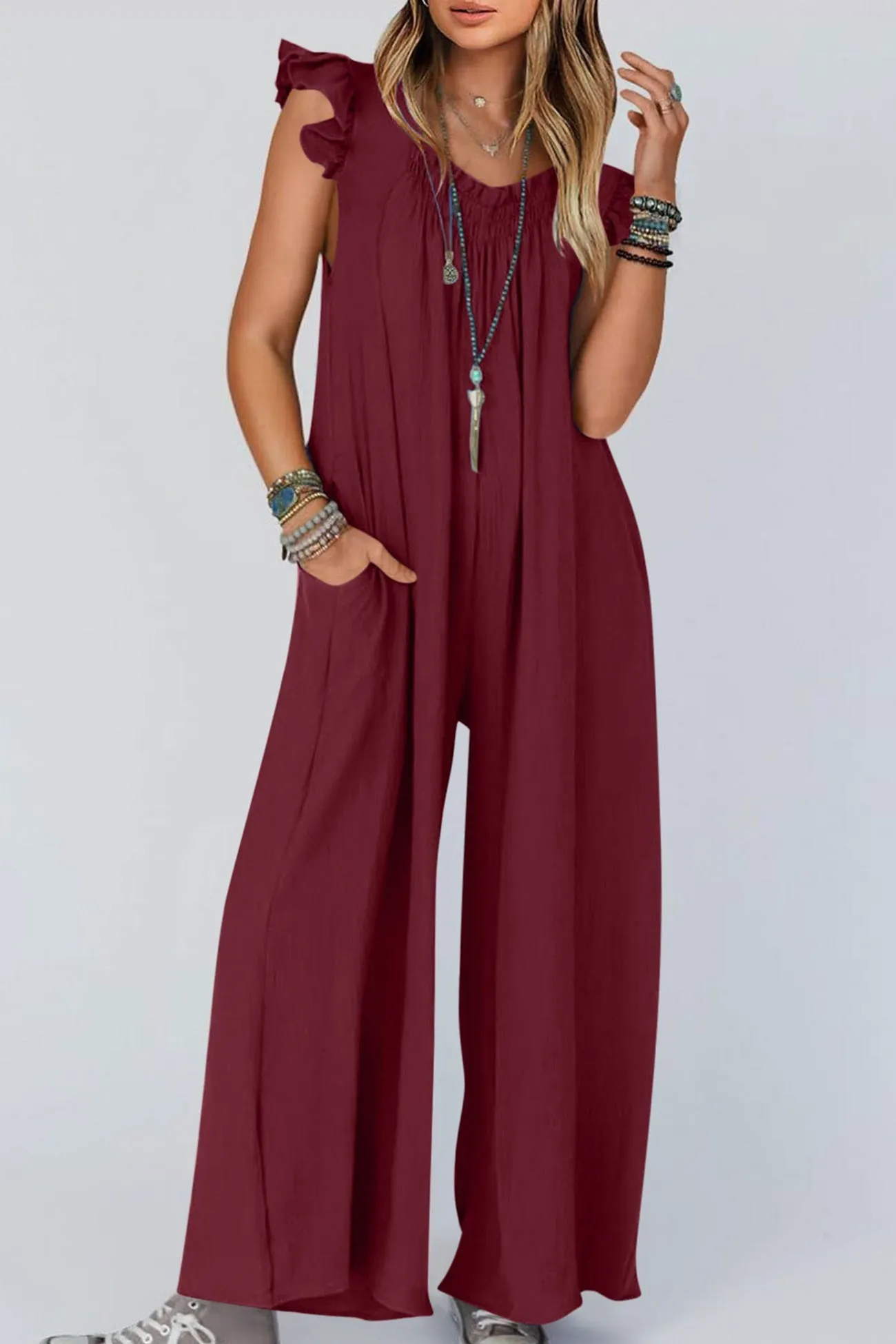 Ruffle Sleeve Pocketed Jumpsuits