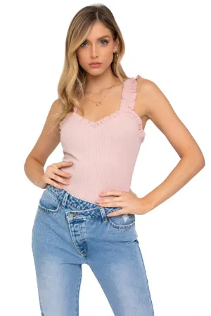 Ruffle Strap Sweetheart Neckline Ribbed Bodysuit