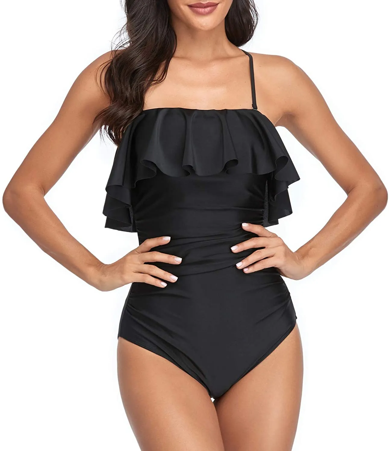 Ruffle Strapless Swimsuits Black One Piece Ruched Swimwear