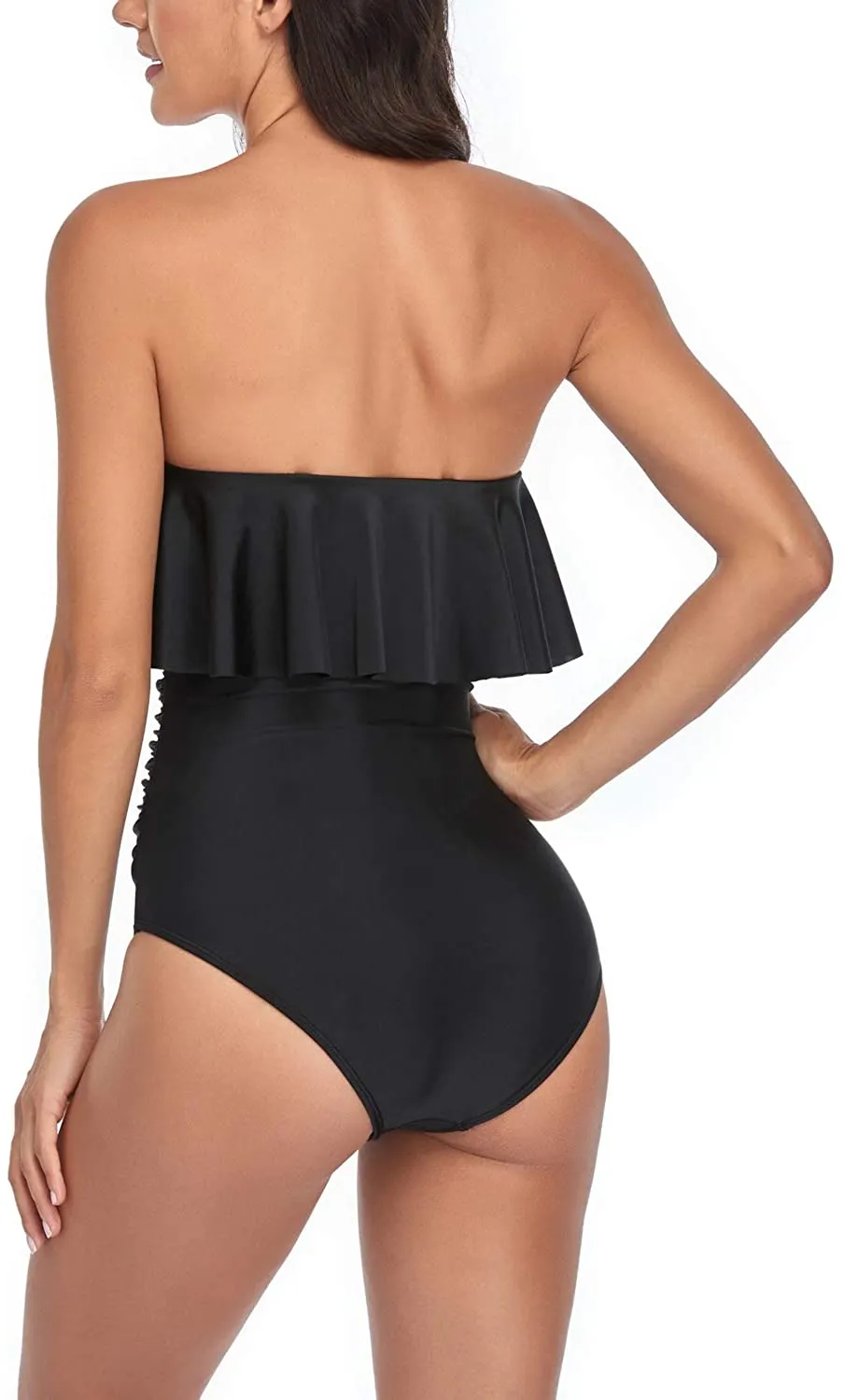 Ruffle Strapless Swimsuits Black One Piece Ruched Swimwear