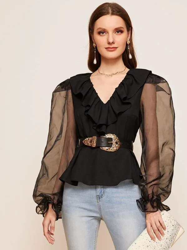 Ruffle Trim Organza Sleeve Top Without Belt