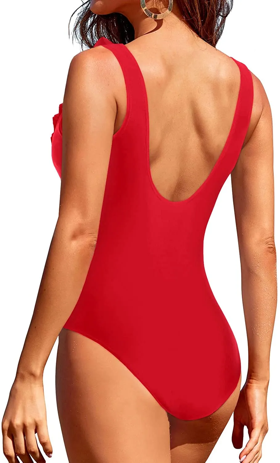 Ruffle V Neck Plunge One Piece Swimsuits Tummy Control Slimming Bathing Suits