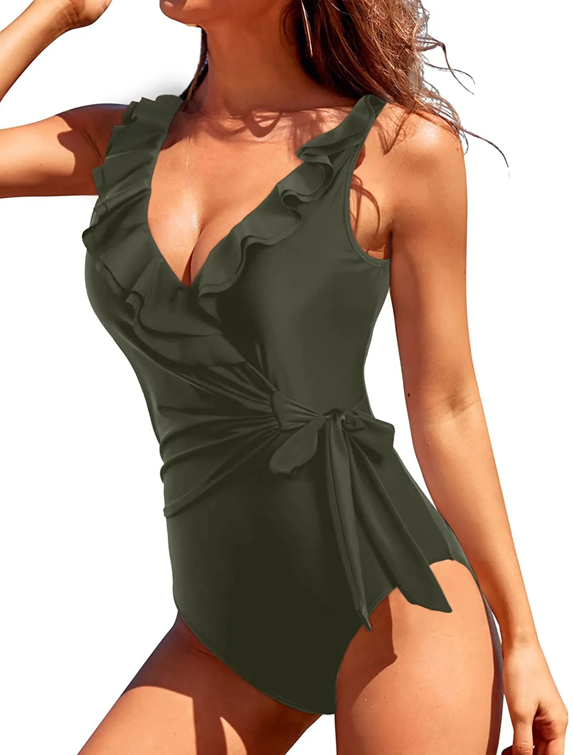 Ruffle V Neck Plunge One Piece Swimsuits Tummy Control Slimming Bathing Suits