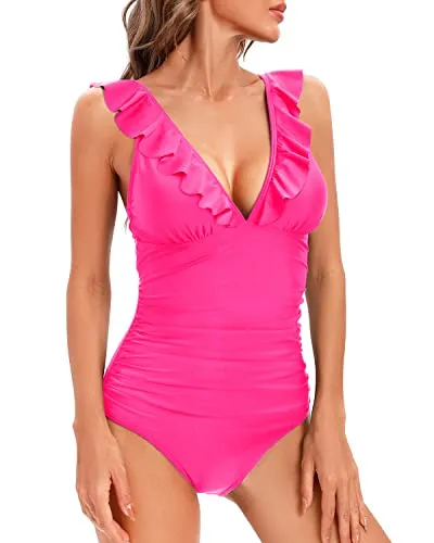 Ruffled V Neck Tummy Control Bathing Suit One Piece Swimsuit for Women