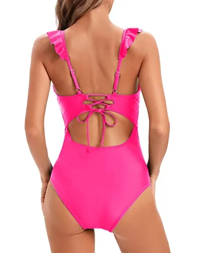 Ruffled V Neck Tummy Control Bathing Suit One Piece Swimsuit for Women