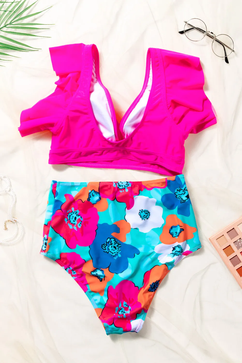 Ruffles Floral Print High Waist Bikini