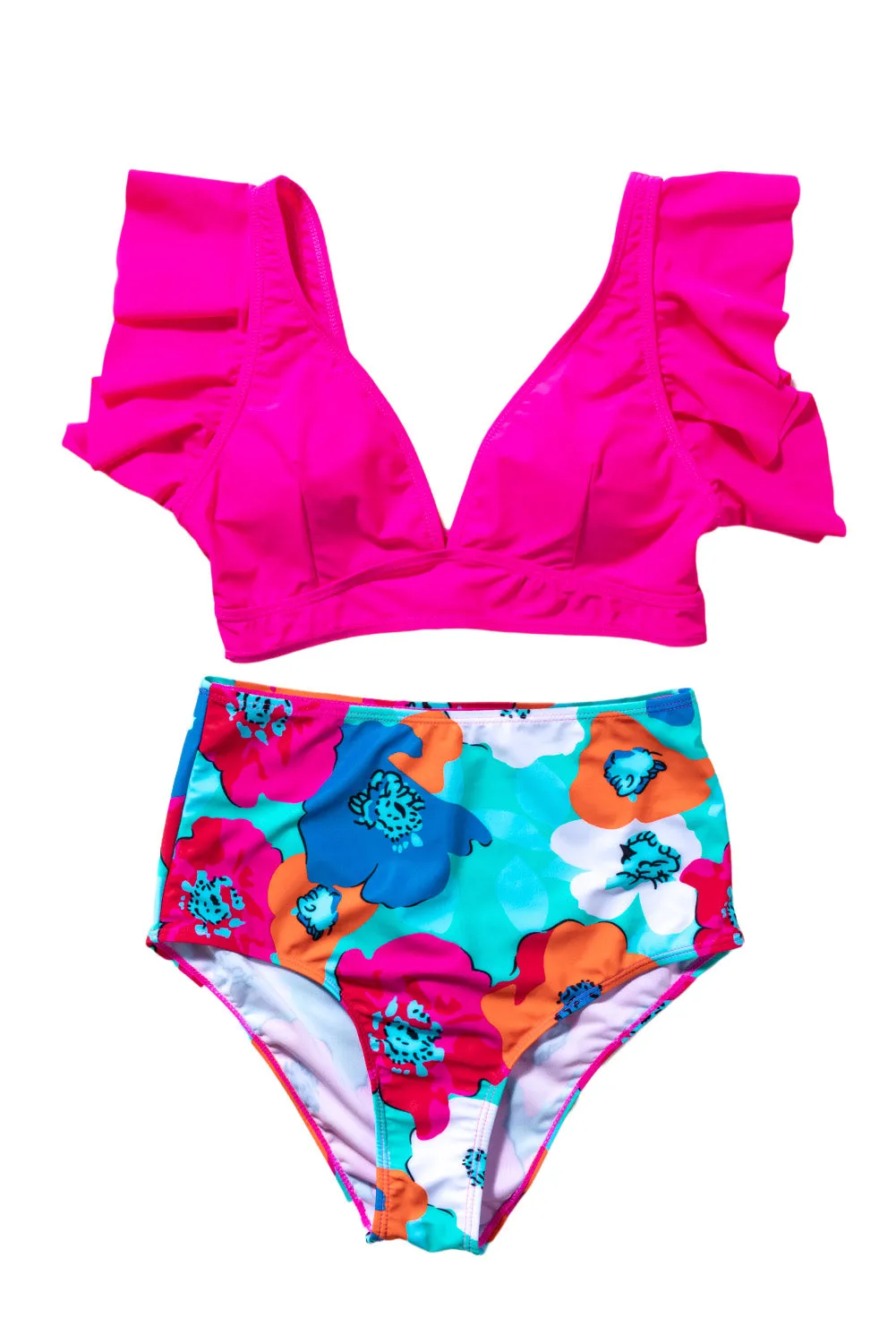 Ruffles Floral Print High Waist Bikini