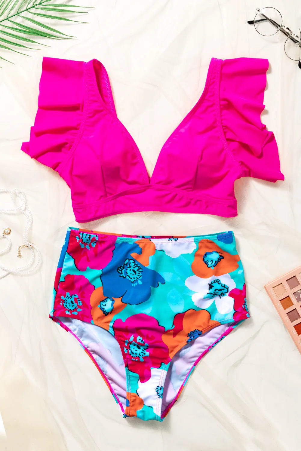 Ruffles Floral Print High Waist Bikini