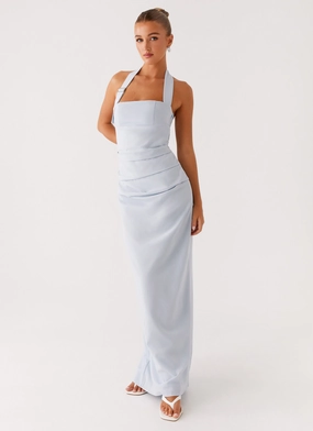 Rumour Has it Maxi Dress - Blue Bow Neck Rumour Has it Maxi Dress - Blue Smart Casual Natural Texture