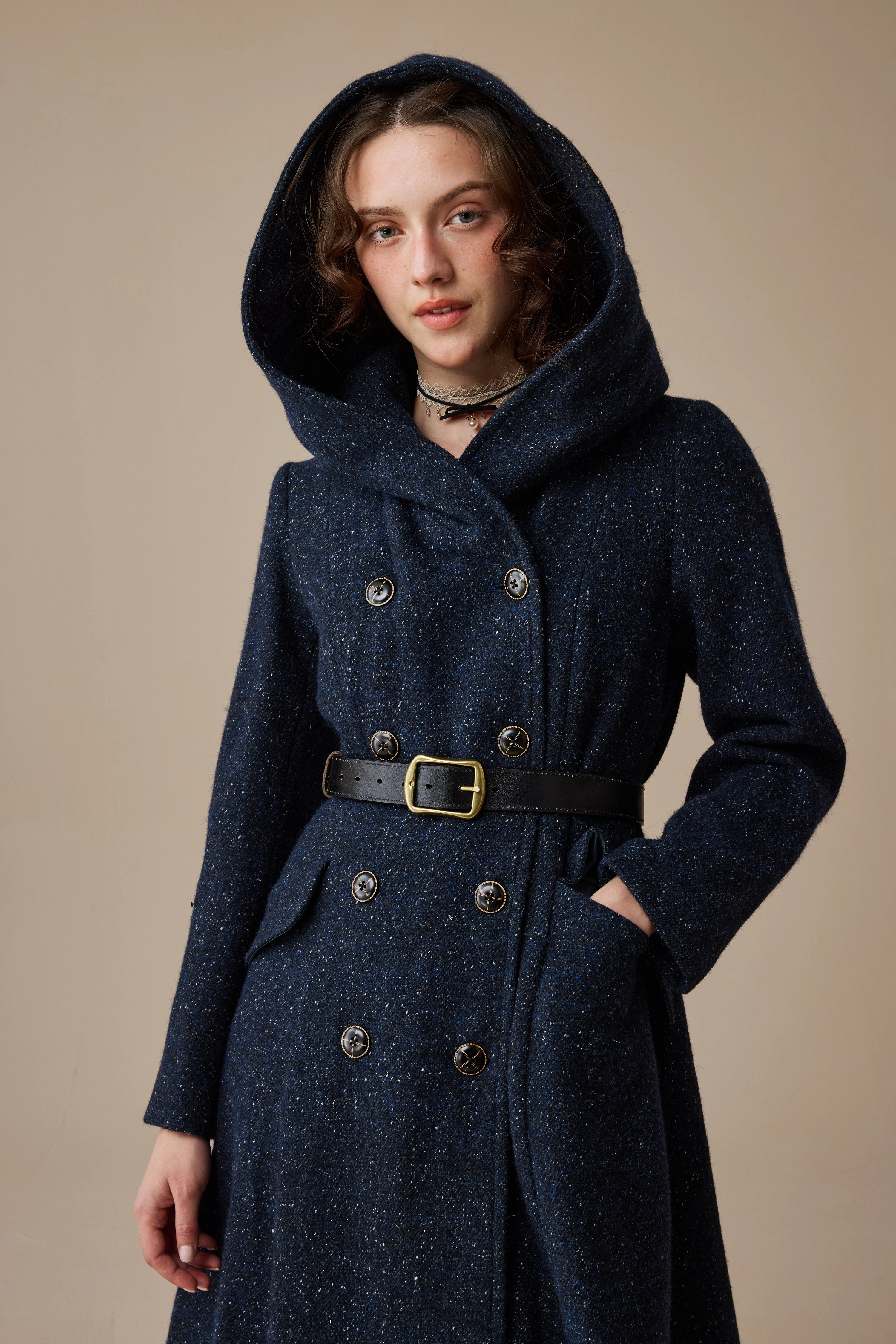 Trista 24 | 100% twill wool hooded coat Square Neck Ruffle-Detail