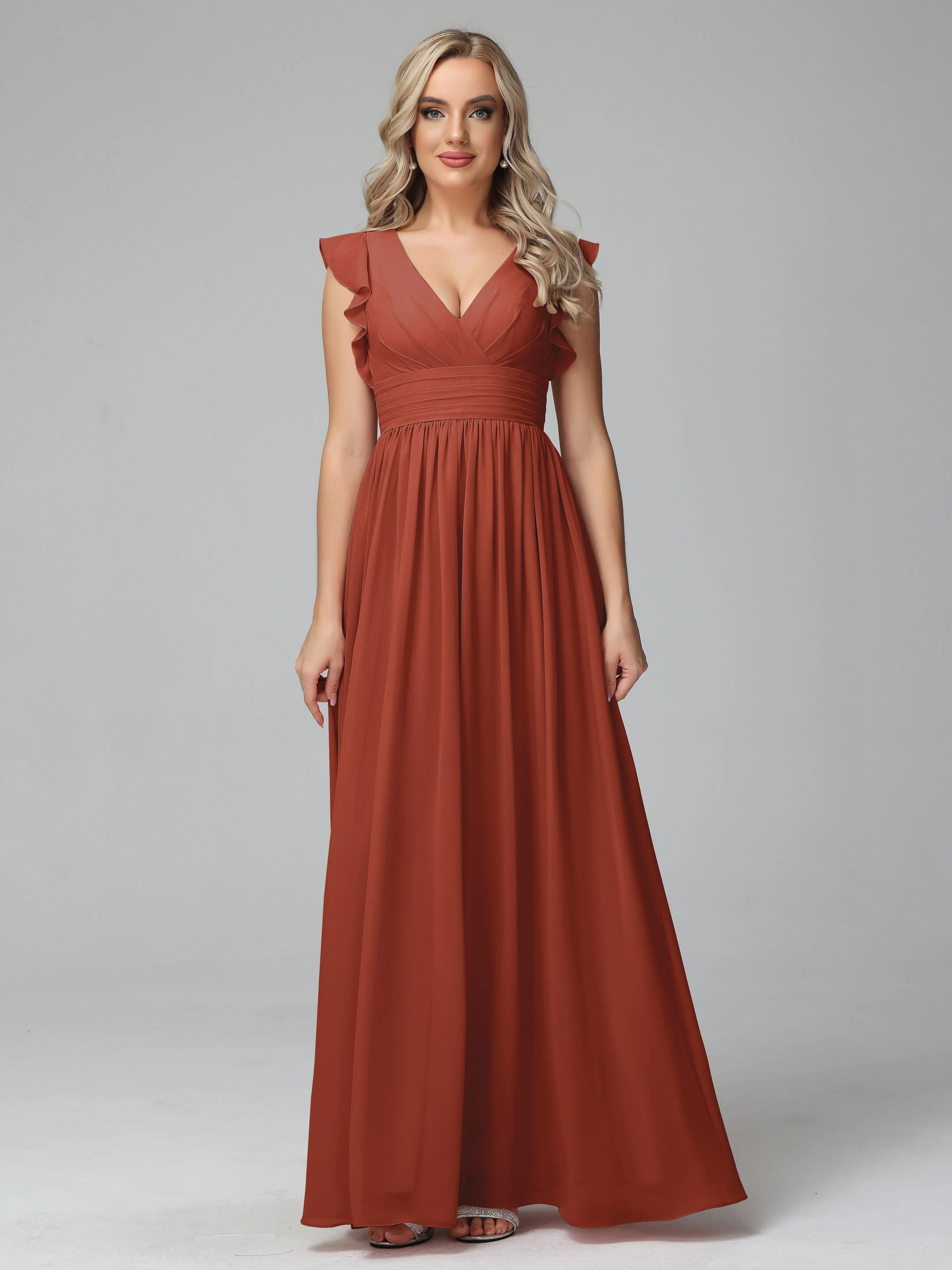 Rust Chiffon Bridesmaid Dresses Bonnie V-Neck Chiffon Bridesmaid Dresses With Ruffle Sleeves