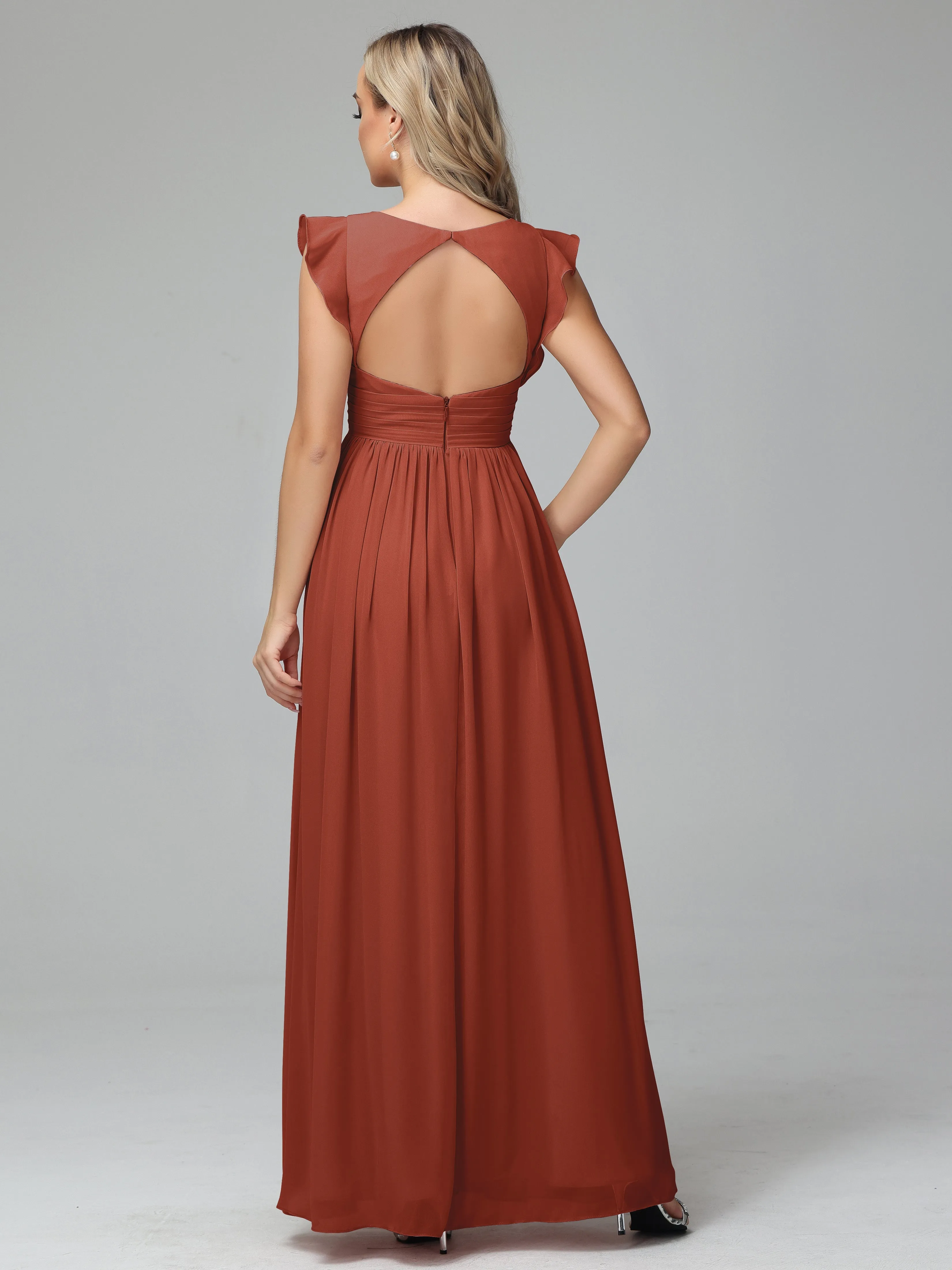 Rust Chiffon Bridesmaid Dresses Bonnie V-Neck Chiffon Bridesmaid Dresses With Ruffle Sleeves