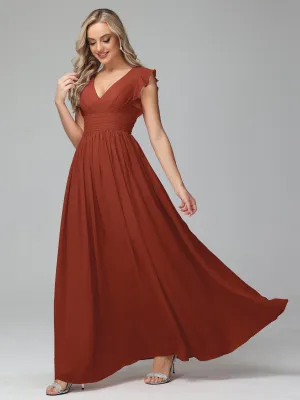 Rust Chiffon Bridesmaid Dresses Bonnie V-Neck Chiffon Bridesmaid Dresses With Ruffle Sleeves