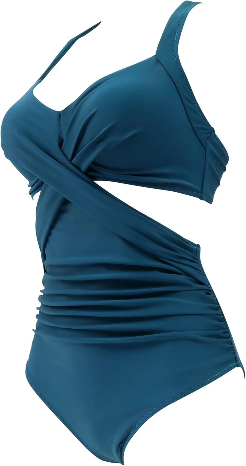 RXRXCOCO Women Front Cross CutOut One Piece Swimsuit Tummy Control High Waisted Monokini Bathing Suit