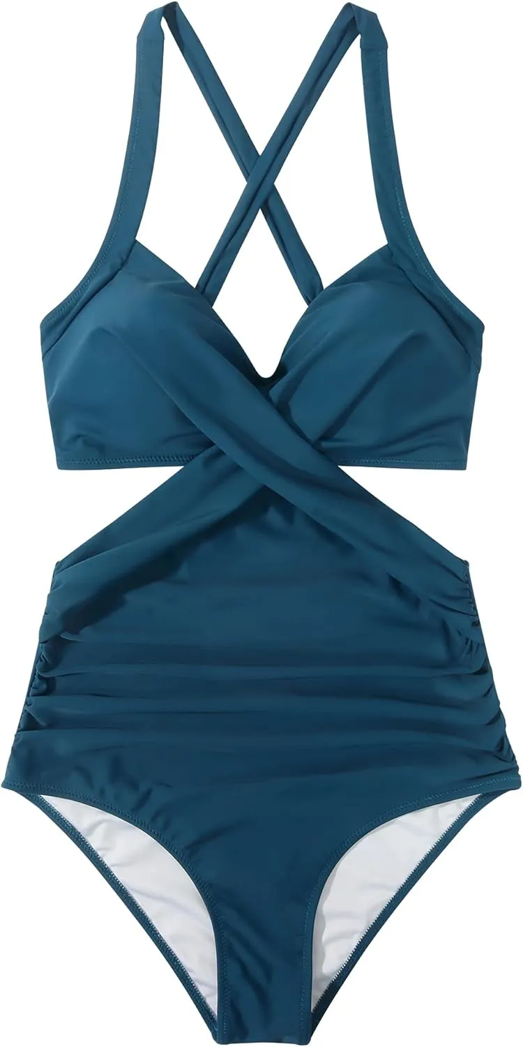 RXRXCOCO Women Front Cross CutOut One Piece Swimsuit Tummy Control High Waisted Monokini Bathing Suit
