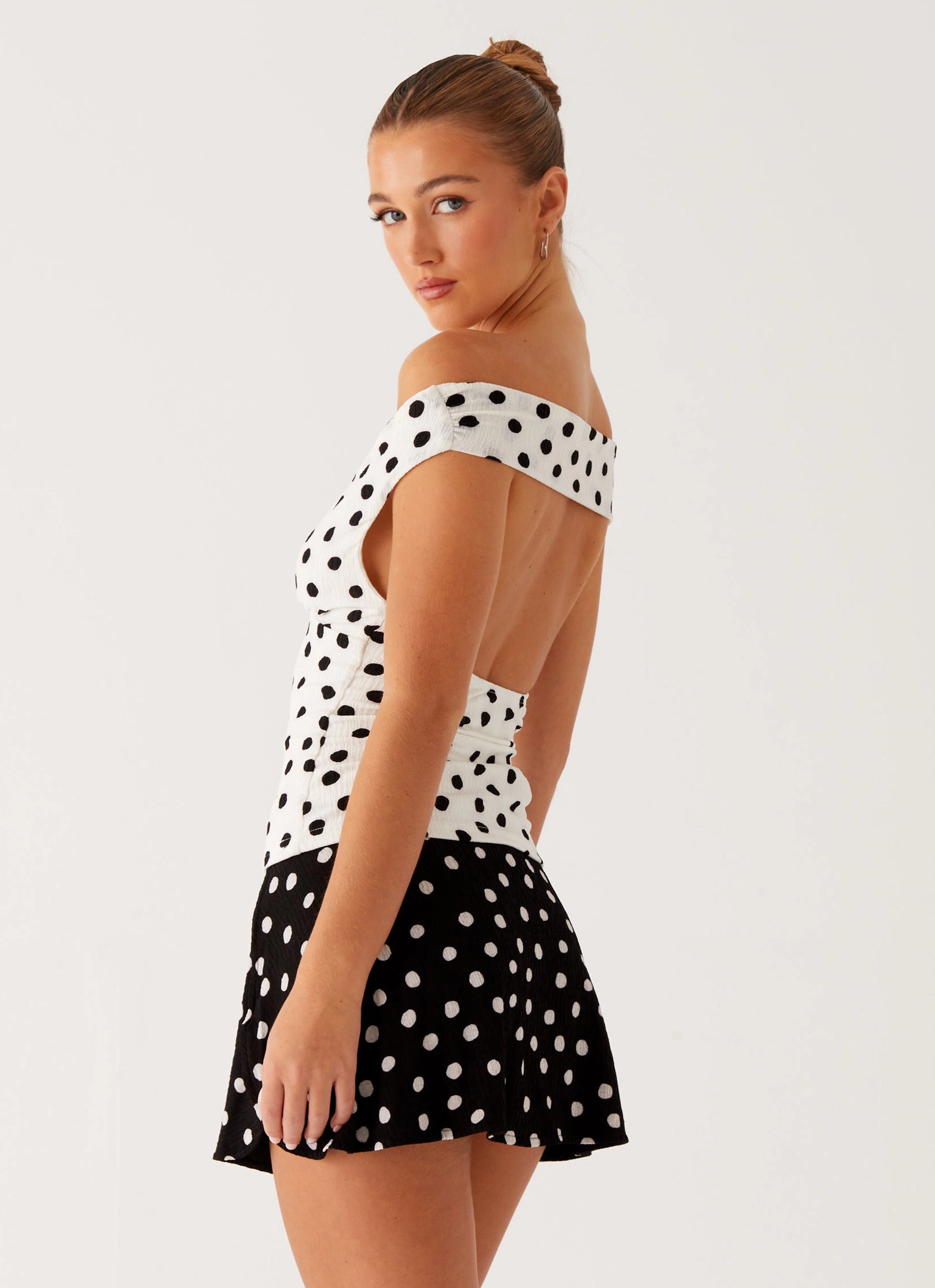 Rylie Top - White Polka Dot Yarn Dyed Stripes AdjustableHemCuffs