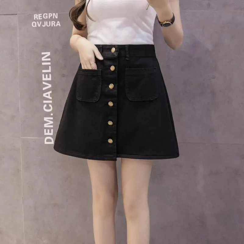 S Korea Dongdaemun High Waist Women Solid Colored A-Line Denim Skirt College Skirt