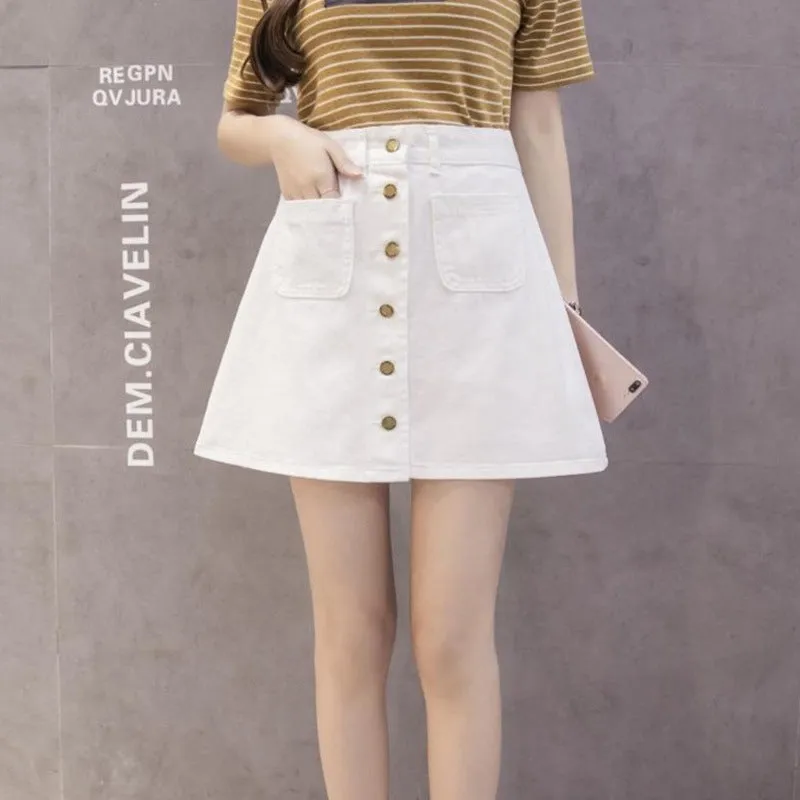 S Korea Dongdaemun High Waist Women Solid Colored A-Line Denim Skirt College Skirt