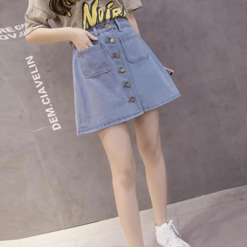 S Korea Dongdaemun High Waist Women Solid Colored A-Line Denim Skirt College Skirt