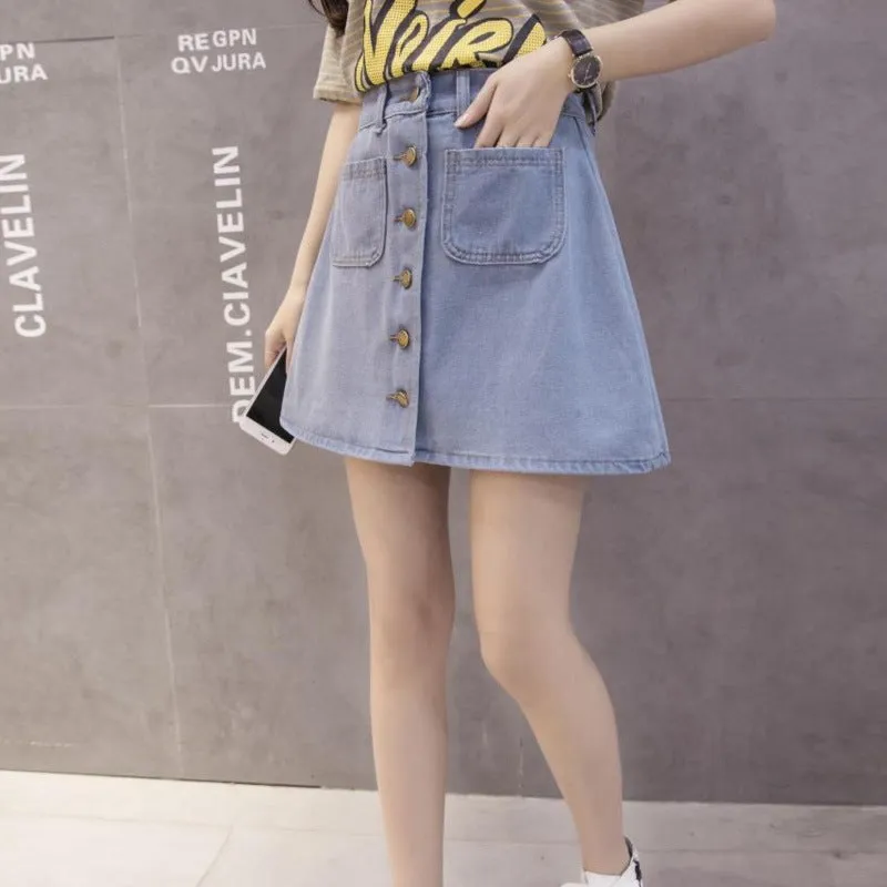 S Korea Dongdaemun High Waist Women Solid Colored A-Line Denim Skirt College Skirt