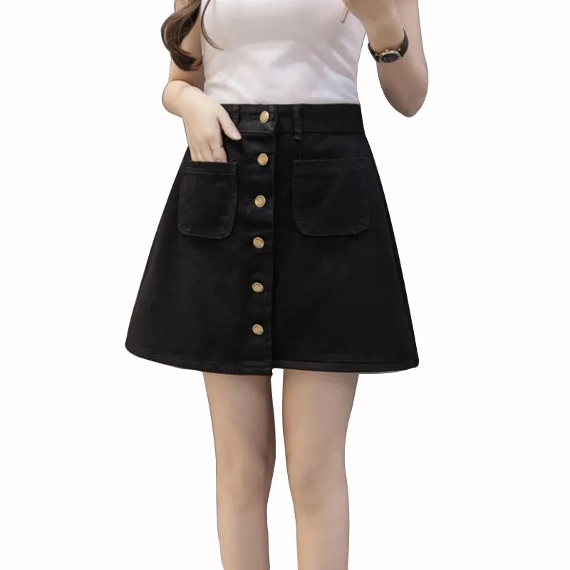 S Korea Dongdaemun High Waist Women Solid Colored A-Line Denim Skirt College Skirt